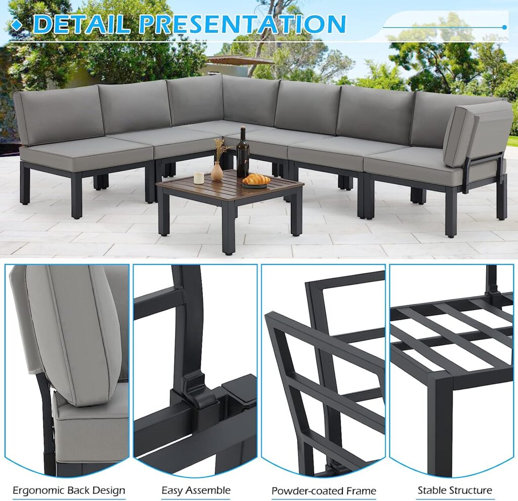 AECOJOY Outdoor Patio Furniture Set, Metal Patio Sectional Conversation Sofa, Black Wrought Iron Outdoor Furniture Sets Clearance with Grey Cushions