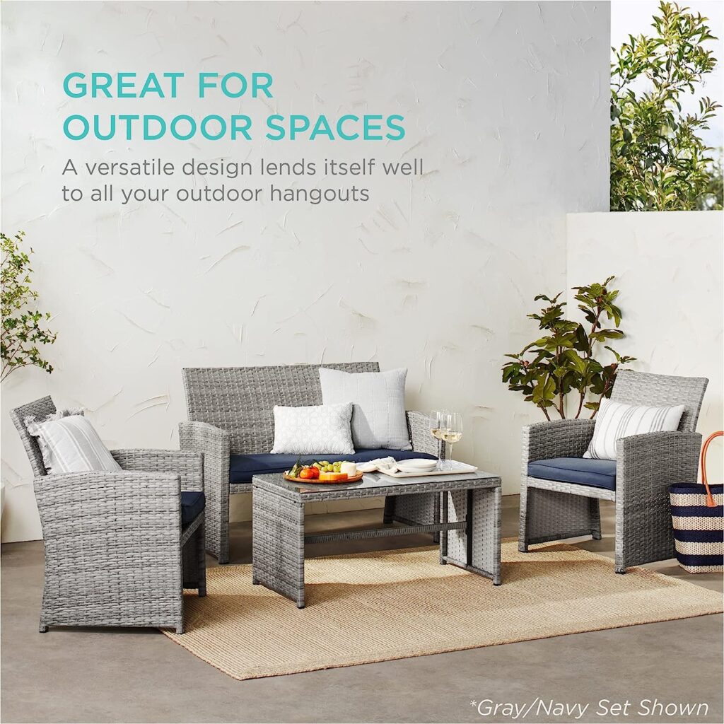 Best Choice Products 4-Piece Outdoor Wicker Patio Conversation Furniture Set for Backyard, Deck, Poolside w/Coffee Table, Seat Cushions - Gray Wicker/Cream Cushions