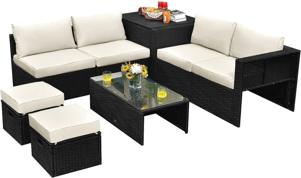 DNATS 8PCS Patio Rattan Furniture Set Storage Table Ottoman Off White seat for More Creative Combinations