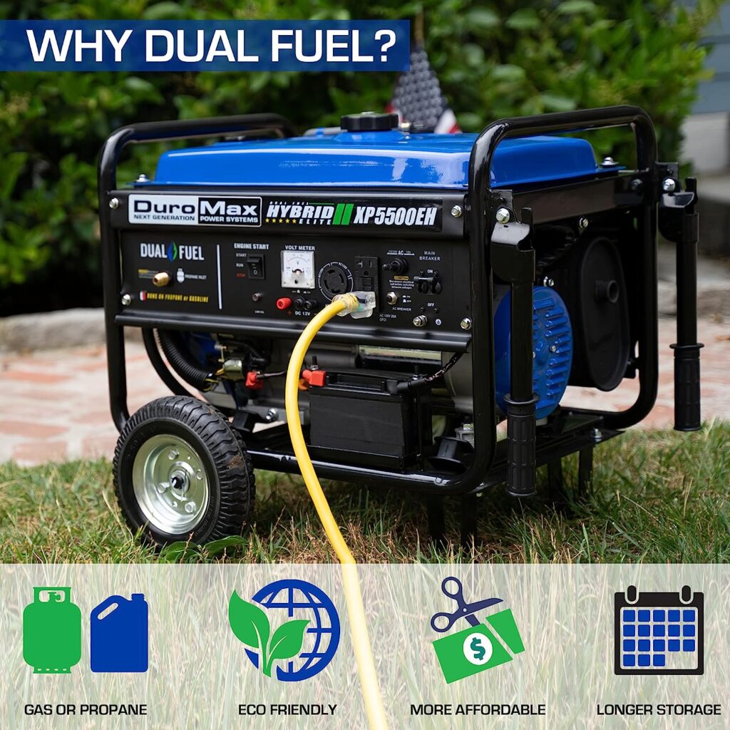 DuroMax XP5500EH Electric Start-Camping  RV Ready, 50 State Approved Dual Fuel Portable Generator-5500 Watt Gas or Propane Powered, Blue/Black
