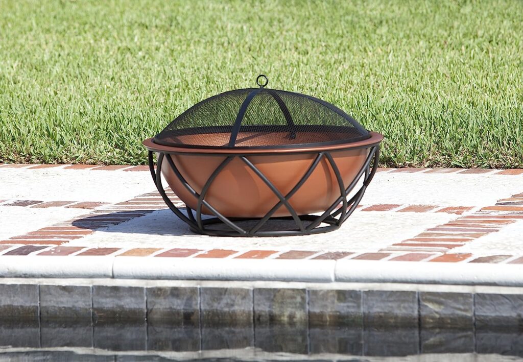Fire Sense 62241 Fire Pit Barzelonia Copper-Look Wood Burning Lightweight Portable Outdoor Firepit Backyard Fireplace Camping Bonfire Included Screen Lift Tool  Cooking Grate - Round - 26