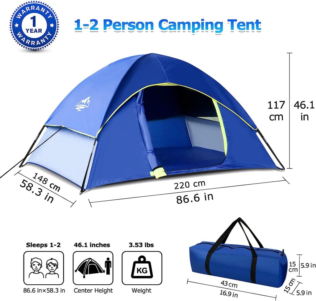 GLADTOP Camping Tent 1/2/3 Person Waterproof Windproof Tent with Removable Rainfly and Carry Bag, Easy Set Up Portable Camping Tent,Lightweight Outdoor Tent for Backpacking, Hiking or Beach