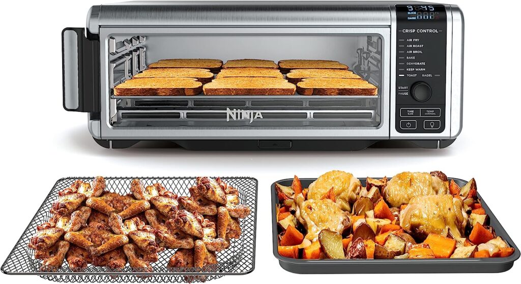 Ninja SP101 Digital Air Fry Countertop Oven with 8-in-1 Functionality, Flip Up Away Capability for Storage Space, with Air Fry Basket, Wire Rack Crumb Tray, Silver
