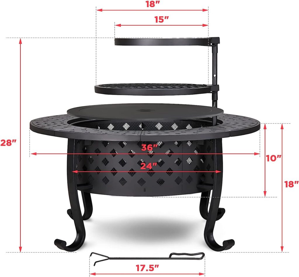 PaPaJet 36 Inch Fire Pit with 2 Grill, Outdoor Wood Burning Firepit with Lid, Metal Round Table for Backyard Patio Garden Picnic Camping Bonfire, black