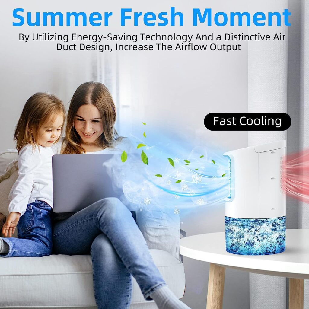 Portable Air Conditioners Cooling Fan, Nekuya Evaporative Mini Air Conditioner with 3 Speeds, 7 Colors Light Personal Air Conditioner, 800ML Personal Air Cooler with Humidifier for Room Office Desk