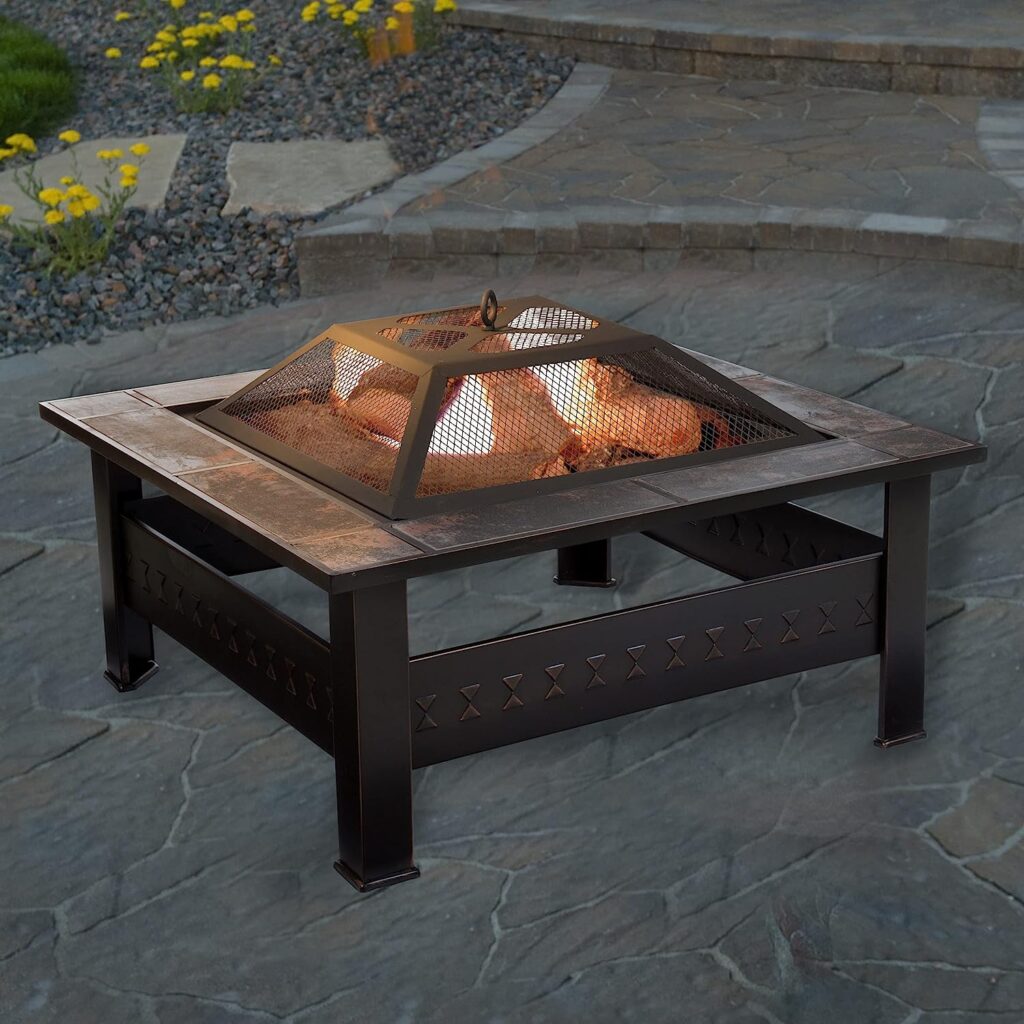 Pure Garden 50-155 Wood Burning Fire Pit Set Includes Screen, Cover and Log Poker-for Outdoor and Patio, 32-inch Marble Tile Square Firepit, Bronze
