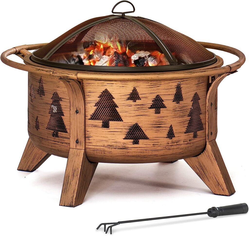 Sunjoy 30 in. Outdoor Wood-Burning Fire Pit, Patio Tree Motif Round Steel Firepit Large Fire Pits for Outside with Spark Screen and Poker