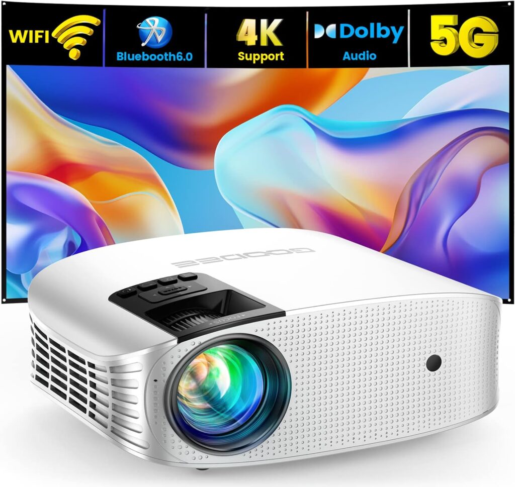 5G WiFi Bluetooth Projector Native 1080P, GooDee Outdoor Movie Projector with 300 Display Video Projector with Zoom  4 Point Keystone for TV Stick, iOS, Android Dolby Audio  4K Projector Support