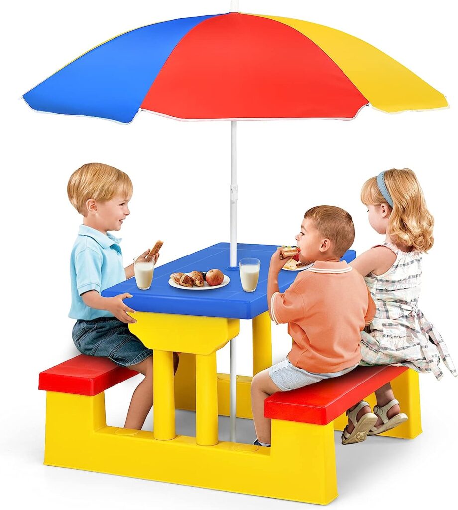 ARMILE Kids Picnic Table, Kids Indoor Outdoor Table and Bench Set with Removable Foldable Umbrella, Portable Toddler Plastic Picnic Table for Patio, Backyard, Ideal Gift for Boys Girls (Colorful)