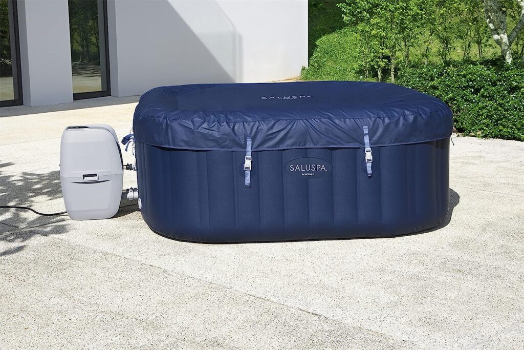 Bestway Hawaii SaluSpa 6 Person Inflatable Square Outdoor Hot Tub with 114 Soothing AirJets, Filter Cartridges, Pump, and Insulated Cover, Blue