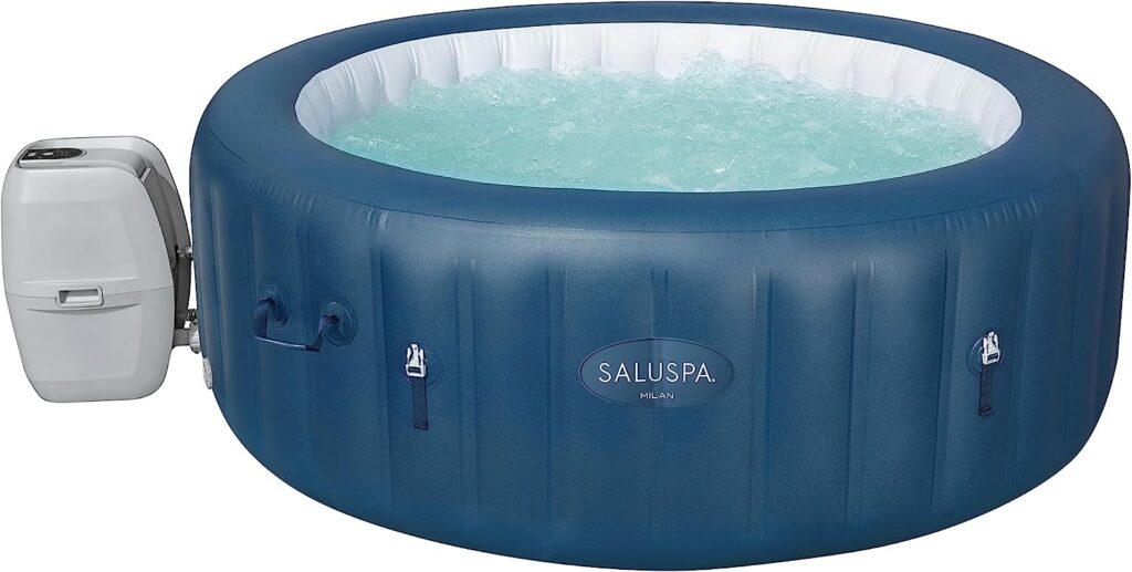 Bestway Milan SaluSpa 6 Person Inflatable Round Outdoor Hot Tub with 140 Soothing AirJets, Insulating Cover, Pump, and Smartphone App Control