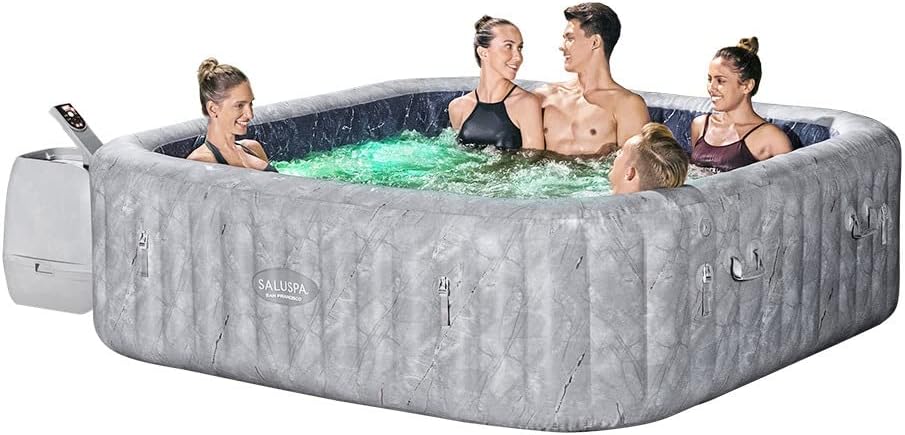 Bestway SaluSpa San Francisco HydroJet Pro Inflatable Hot Tub Spa | Large, Square Portable Hot Tub with Cover | Features Filtered Heated Water System and 180 Jets | Fits 5-7 People