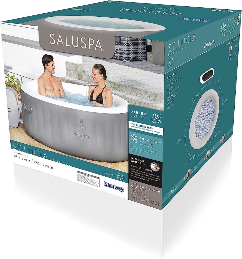 Bestway St. Lucia SaluSpa 2 to 3 Person Inflatable Round Outdoor Hot Tub with 110 Soothing AirJets, Filter Cartridge, Pump, and Insulated Cover, Gray