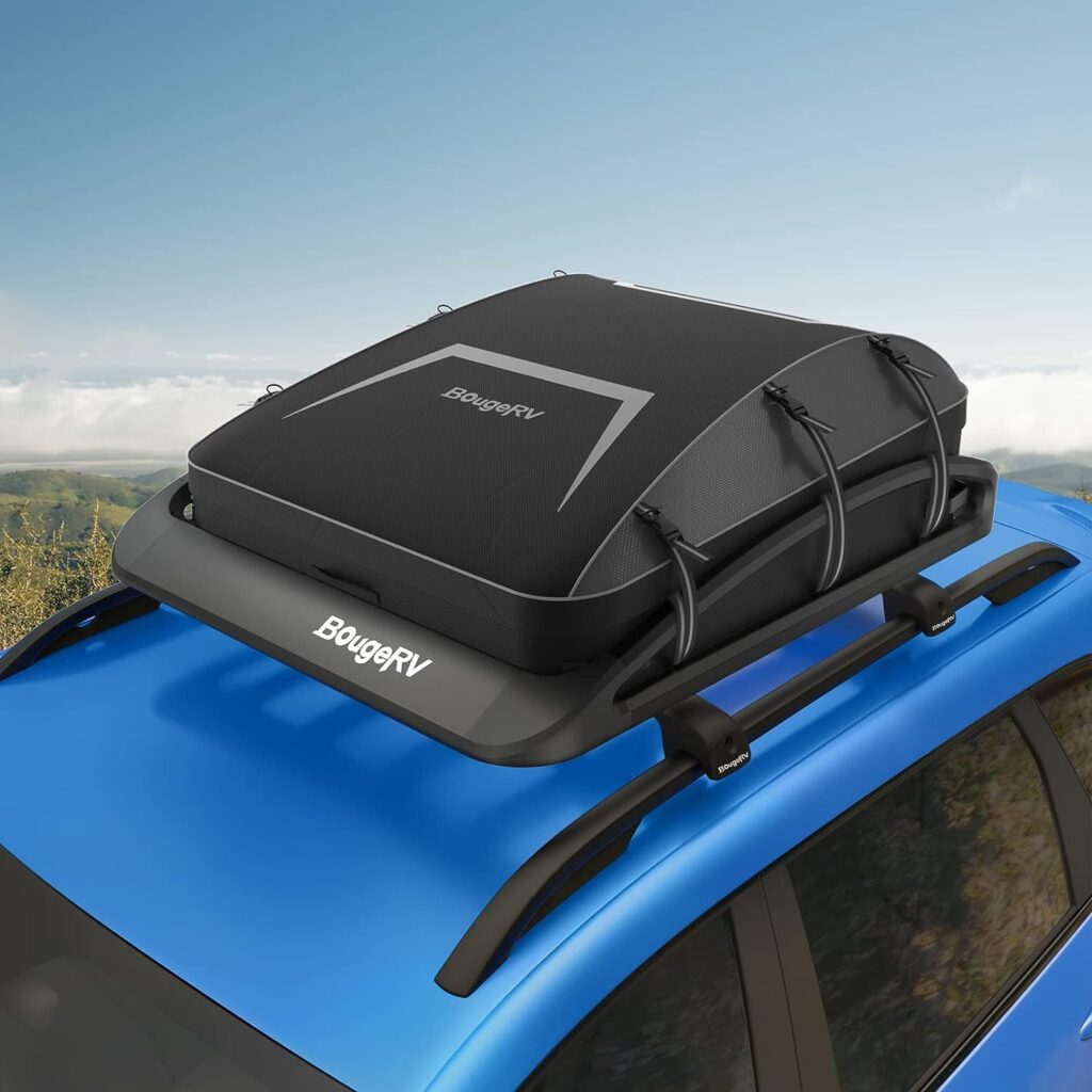 BougeRV Soft Rooftop Cargo Carrier Bag Water-Resistant Roof Bag Aero Car Top Carrier for Vehicle with Racks 900D PVC, Includes 6 Reinforced Straps, Storage Bag, Luggage Lock (39 x 35 x 13)
