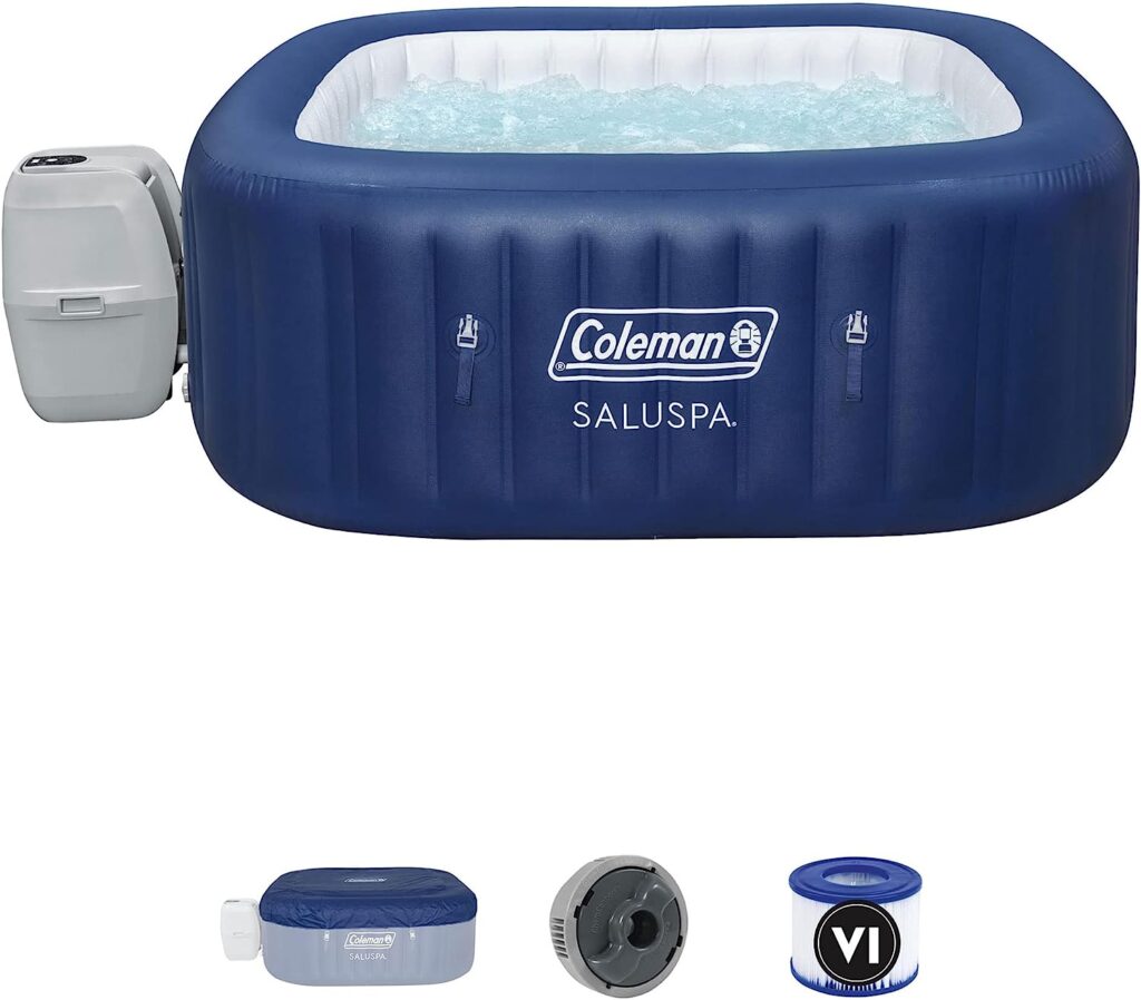 Coleman 90454 Atlantis SaluSpa 71 x 26 4-6 Person Outdoor Portable Inflatable Square Hot Tub Spa with 140 Air Jets, Cover, and 2 Cartridges, Blue