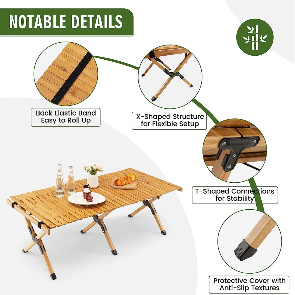 COSTWAY Folding Picnic Table, Portable 4ft Roll Up Camping Table with Storage Bag, for 4-6 People, Low Height Foldable Bamboo Bench Table, for Indoor  Outdoor Party, BBQ and Hiking(Natural)