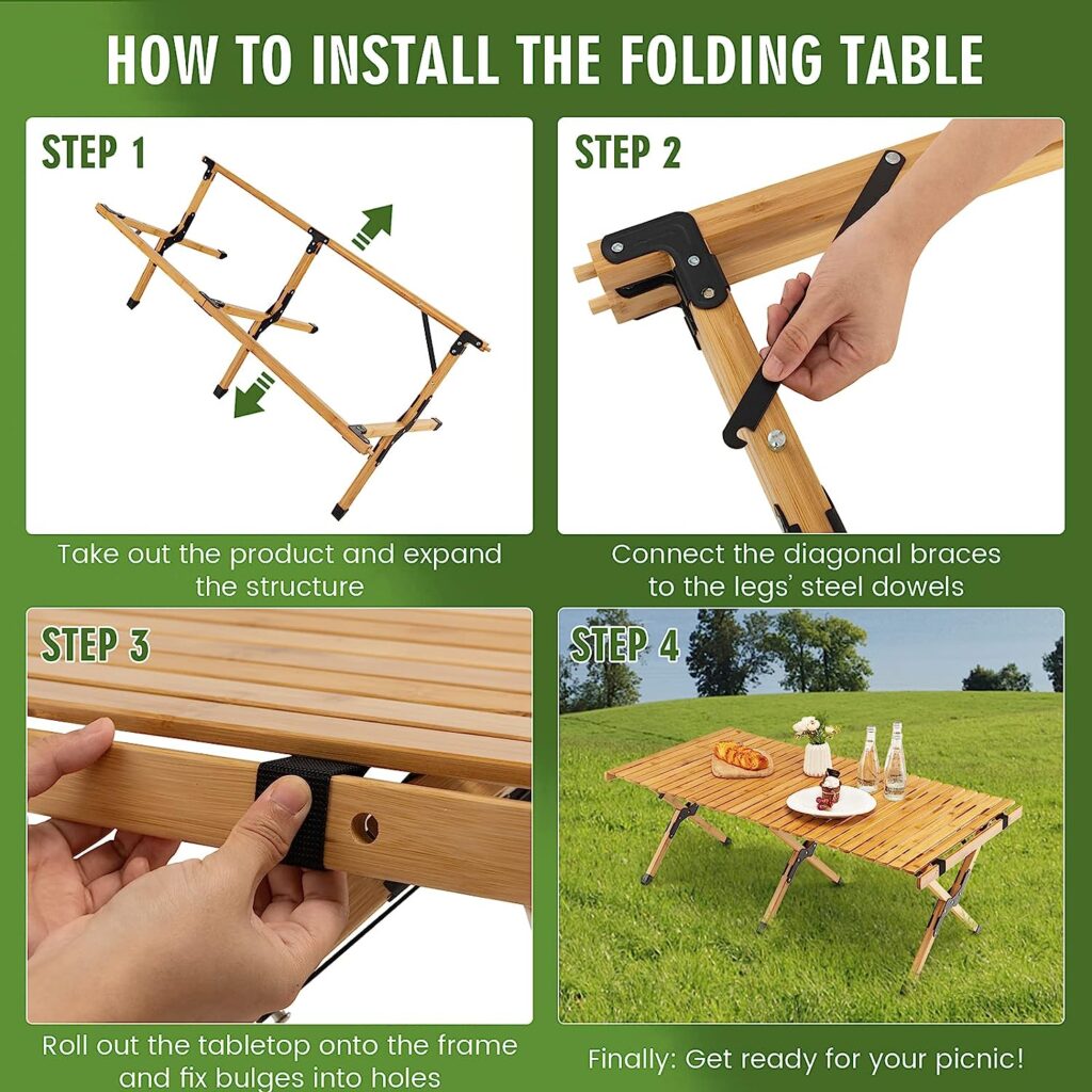 COSTWAY Folding Picnic Table, Portable 4ft Roll Up Camping Table with Storage Bag, for 4-6 People, Low Height Foldable Bamboo Bench Table, for Indoor  Outdoor Party, BBQ and Hiking(Natural)