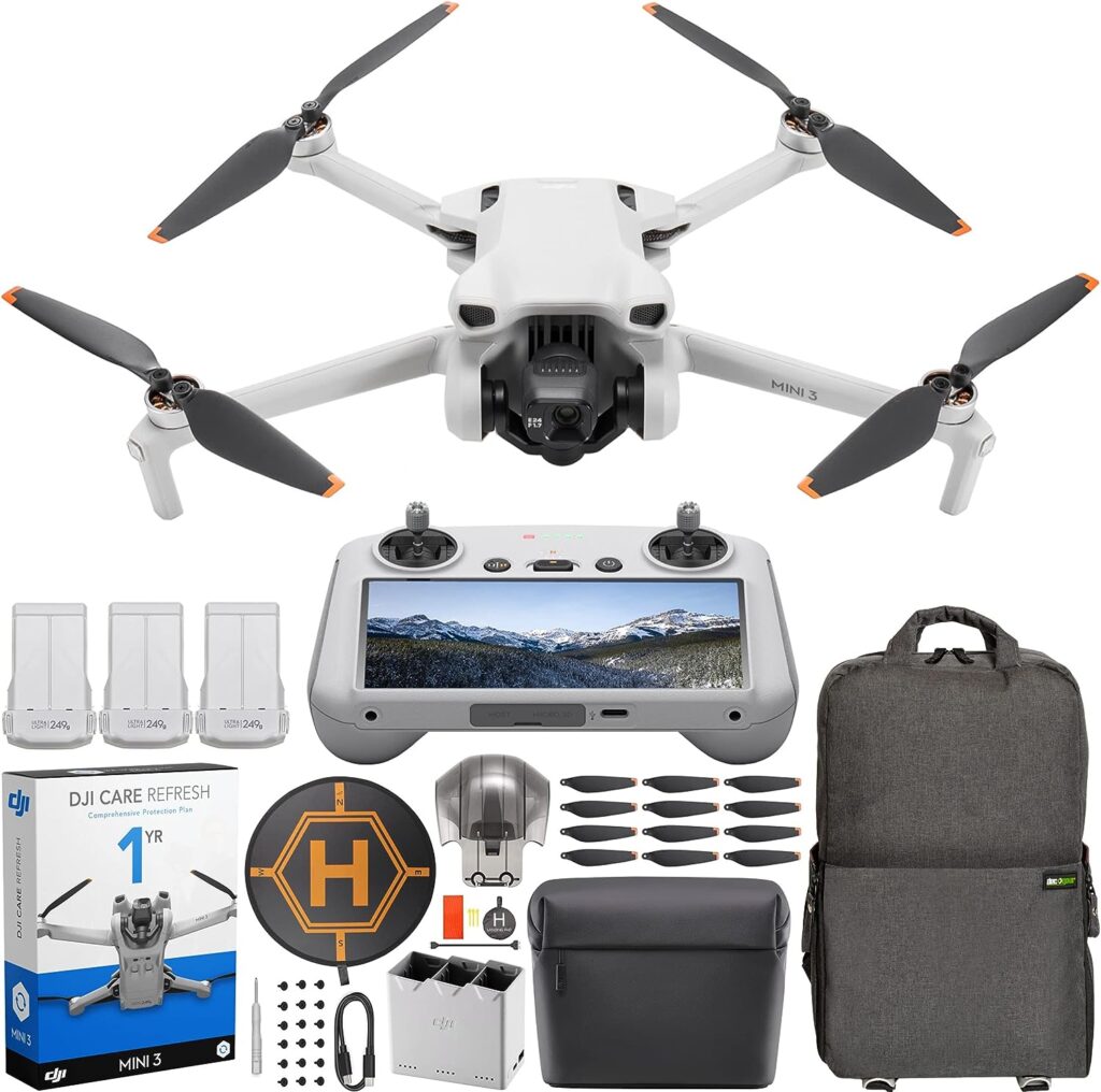 DJI Mini 3 Camera Drone Quadcopter with RC Smart Remote Controller + Fly More Kit, 4K Video, True Vertical Shooting, Intelligent Modes, DJI Care Refresh 1YR Bundle w/Deco Gear Backpack + Accessories
