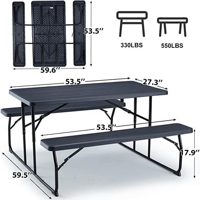 ECOTOUGE Folding Picnic Table Bench Set, Outdoor Portable Heavy Duty Camping Picnic Tables with All Weather Wood-Like Table Top for Adults, 5 feet