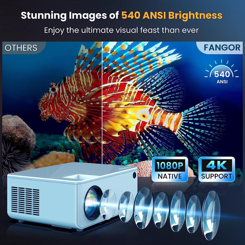 FANGOR 5G WiFi Bluetooth Projector - 540 ANSI Native 1080P HD Outdoor Movie Projector 4K Support, Portable Home Theater Video Projector with Zoom  HiFi Speaker, Compatible with TV Stick/Phone/PC/USB