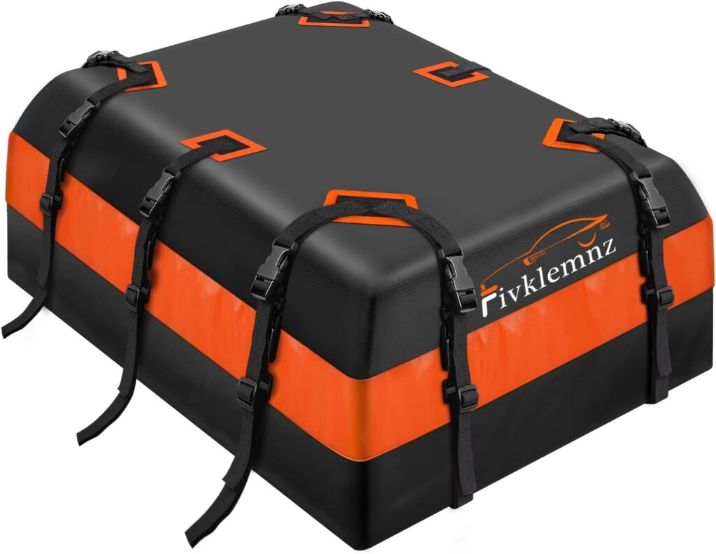 FIVKLEMNZ Car Rooftop Cargo Carrier 21 Cubic, Waterproof Roof Bag Soft-Shell Carriers Top Luggage Storage with Slip Mat + 10 Straps + 6 Door Hooks for All Vehicle Topper with/Without Rack Cross Bar