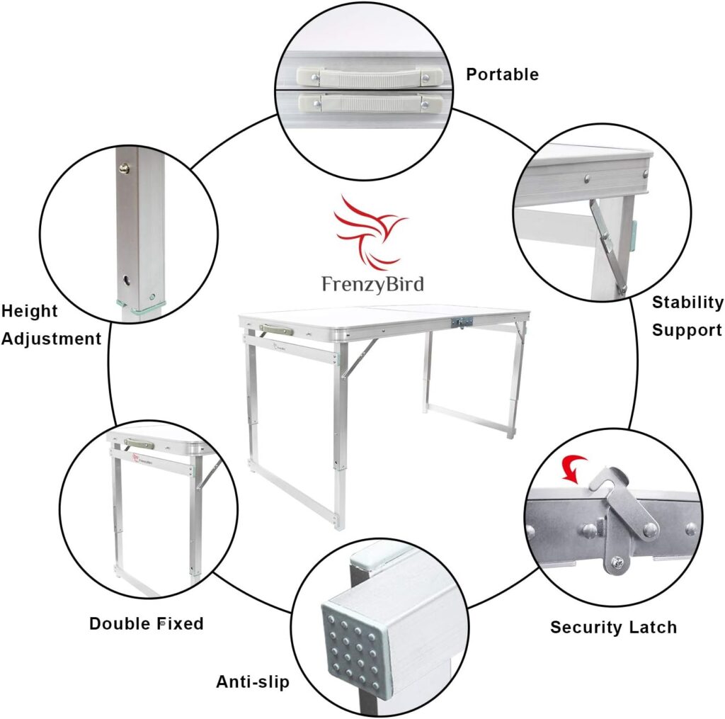 FrenzyBird Folding Picnic Table with 4 Stools, Aluminum Table Chair Set for up to 4 Persons, Portable Lightweight and Heights Adjustable for Outdoor Camping Dining BBQ Party