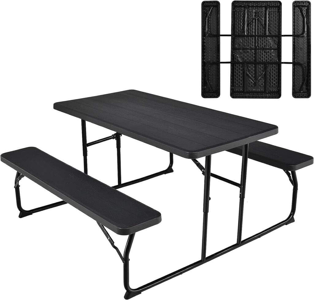 Giantex Folding Picnic Table Bench Set, Outdoor Dining Table Set, Large Camping Table for Patio Deck Lawn Garden Backyard Poolside, Portable Picnic Tables, Weather Resistant Metal Frame, Black