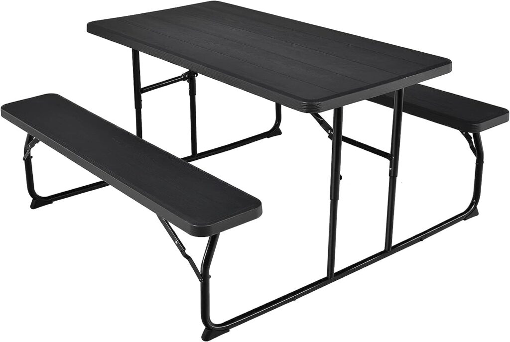 Giantex Folding Picnic Table Bench Set, Outdoor Dining Table Set, Large Camping Table for Patio Deck Lawn Garden Backyard Poolside, Portable Picnic Tables, Weather Resistant Metal Frame, Black