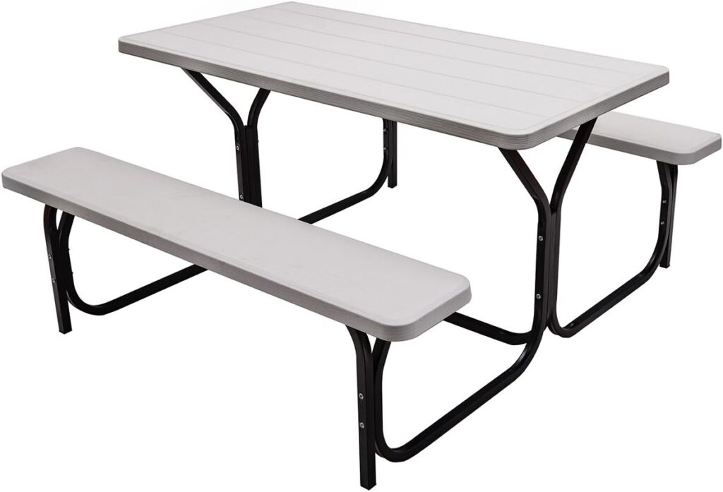 Giantex Picnic Table Bench Set Outdoor Camping All Weather Metal Base Wood-Like Texture Backyard Poolside Dining Party Garden Patio Lawn Deck Large Camping Picnic Tables for Adult (White)