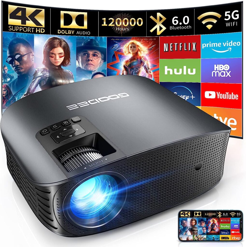 GooDee Projector 4K with WiFi and Bluetooth Supported, FHD 1080P Mini Projector for Outdoor Moives, 5G Video Projector for Home Theater Dolby Audio Zoom Portable Projector TV Stick PPT (YG600 Plus)