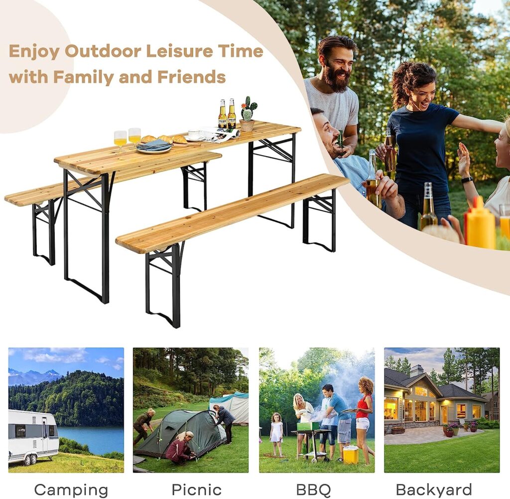 Goplus Foldable Picnic Table with Benches, 3-Piece 70â Portable Beer Garden Table with Sturdy Steel Frame, Folding Wooden Picnic Tables for Outdoors, Patio, Backyard