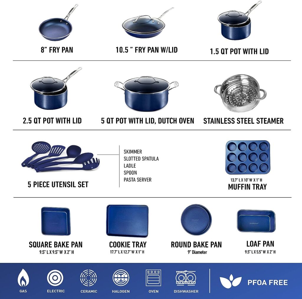 Granitestone 20 Piece Cookware Set Nonstick Pots and Pans Set Bakeware Set with Ultra Nonstick Durable Mineral Diamond Coating 100% PFOA PFAS Free Cookware, Metal Utensil Oven Dishwasher Safe-Blue