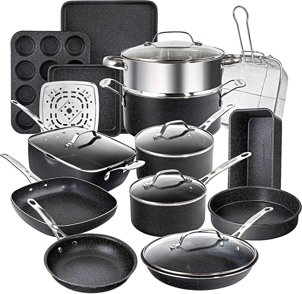 Granitestone Pots and Pans Set Nonstick Cookware Set 20 Pc Complete Kitchen Cookware Set, Non Stick Pots and Pans Set with Lids + Bakeware, Oven/Dishwasher Safe, Non Toxic - Black