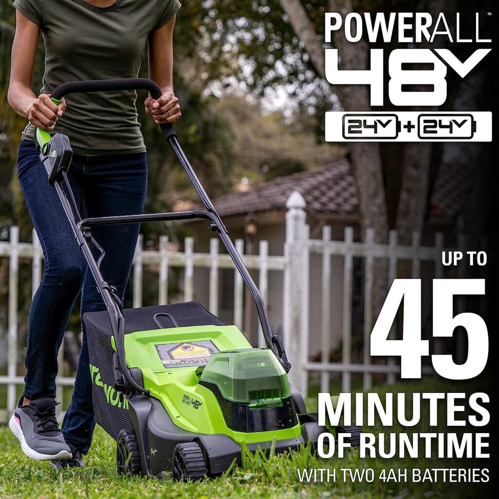 Greenworks 2 x 24V (48V) 14 Brushless Cordless Lawn Mower, (2) 4.0Ah USB Batteries (USB Hub) and Dual Port Rapid Charger Included