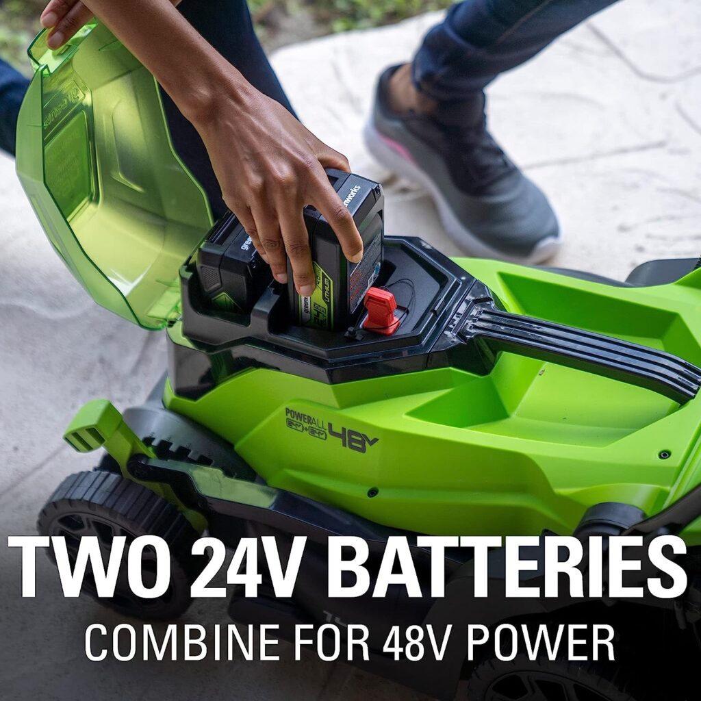 Greenworks 2 x 24V (48V) 14 Brushless Cordless Lawn Mower, (2) 4.0Ah USB Batteries (USB Hub) and Dual Port Rapid Charger Included