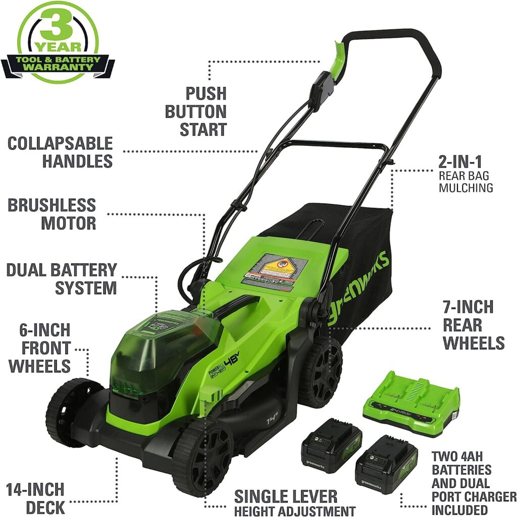 Greenworks 2 x 24V (48V) 14 Brushless Cordless Lawn Mower, (2) 4.0Ah USB Batteries (USB Hub) and Dual Port Rapid Charger Included