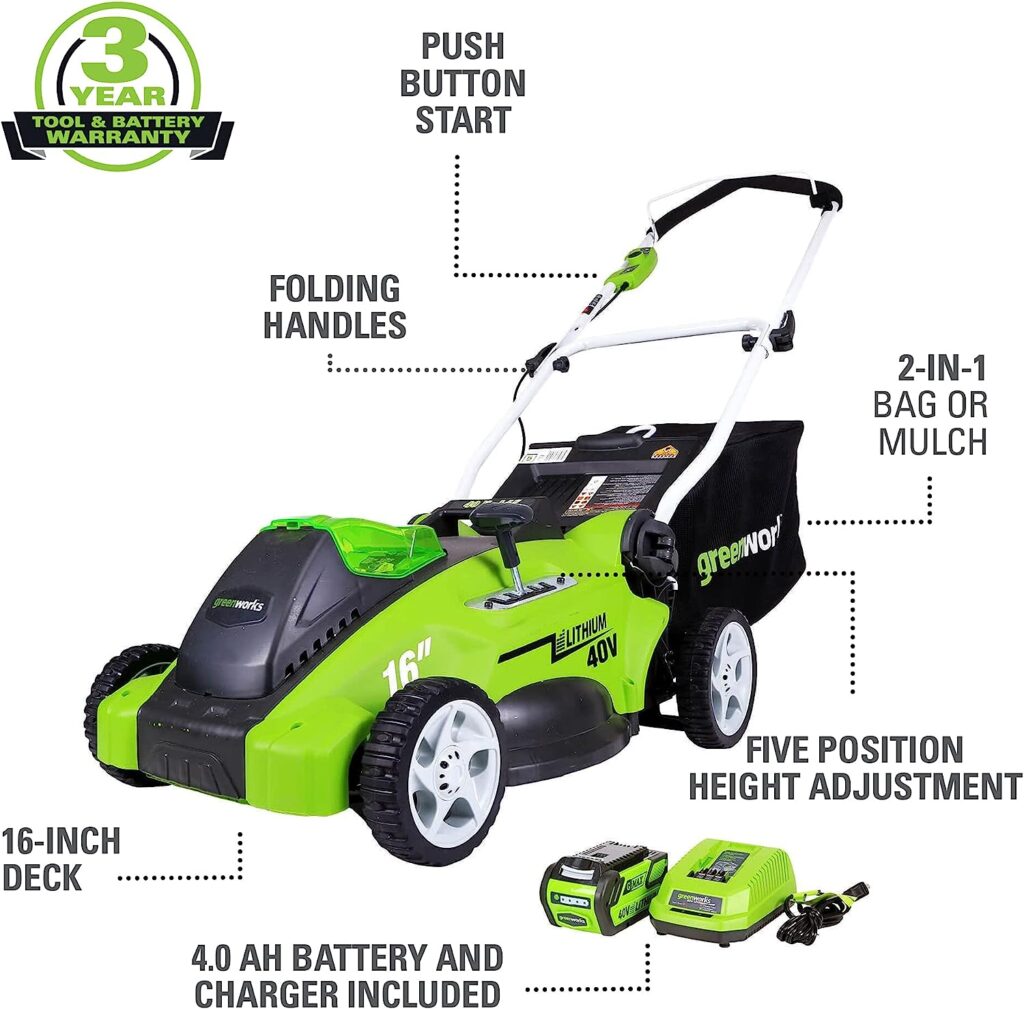 Greenworks 40V 16 Cordless Electric Lawn Mower, 4.0Ah Battery and Charger Included