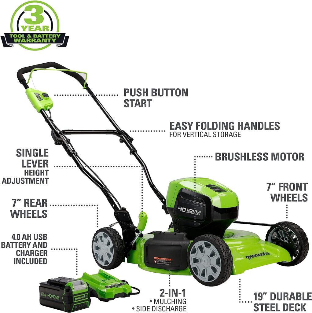 Greenworks 40V 19 Brushless (2-In-1) Lawn Mower, 4Ah USB (Power Bank) Battery and Charger Included MO40L414