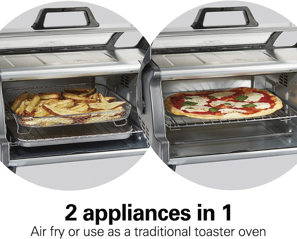 Hamilton Beach Toaster Oven Air Fryer Combo with Large Capacity, Fits 6 Slices or 12â Pizza, 4 Cooking Functions for Convection, Bake, Broil, Roll-Top Door, Easy Reach Sure-Crisp, Stainless Steel