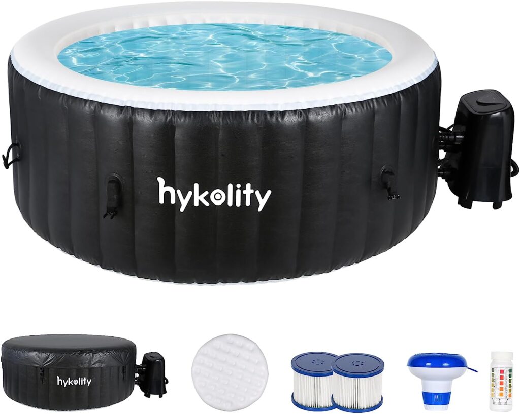 Hykolity 6 Person Round Portable Inflatable Hot Tub Spa 82 x 25 with 130 Bubble Jets, Filter Cartridge, Insulated Cover, and Heater Pump, Black