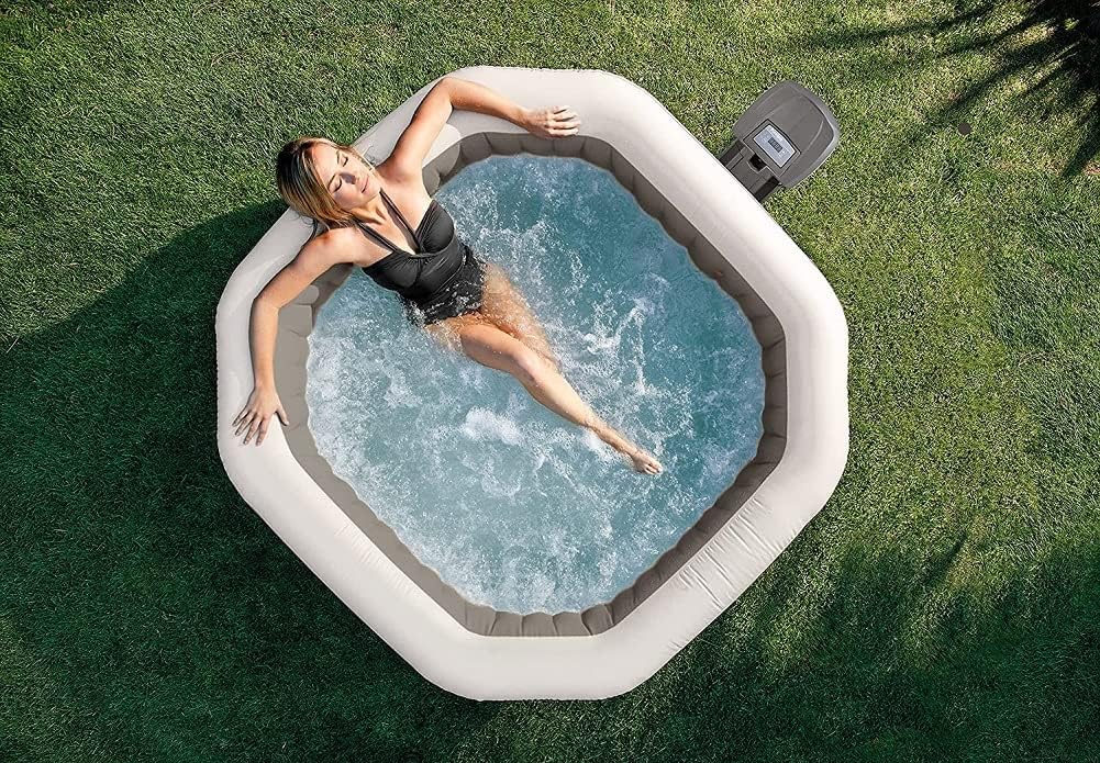 INTEX 28433EP PureSpa Bubble Massage Deluxe, Inflatable Spa Set with Energy Efficient Cover, Grey, 4-Person