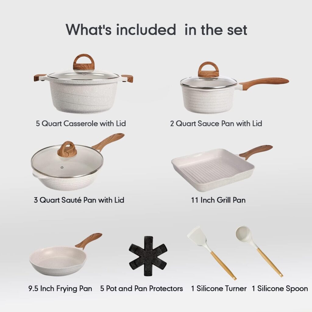 JEETEE Pots and Pans Set Nonstick 15PCS, Granite Coating Cookware Sets Induction Compatible with Frying Pan, Saucepan, Sauté Pan, Grill Pan, Cooking Pots, PFOA Free, (Beige, 15pcs Cookware Set)