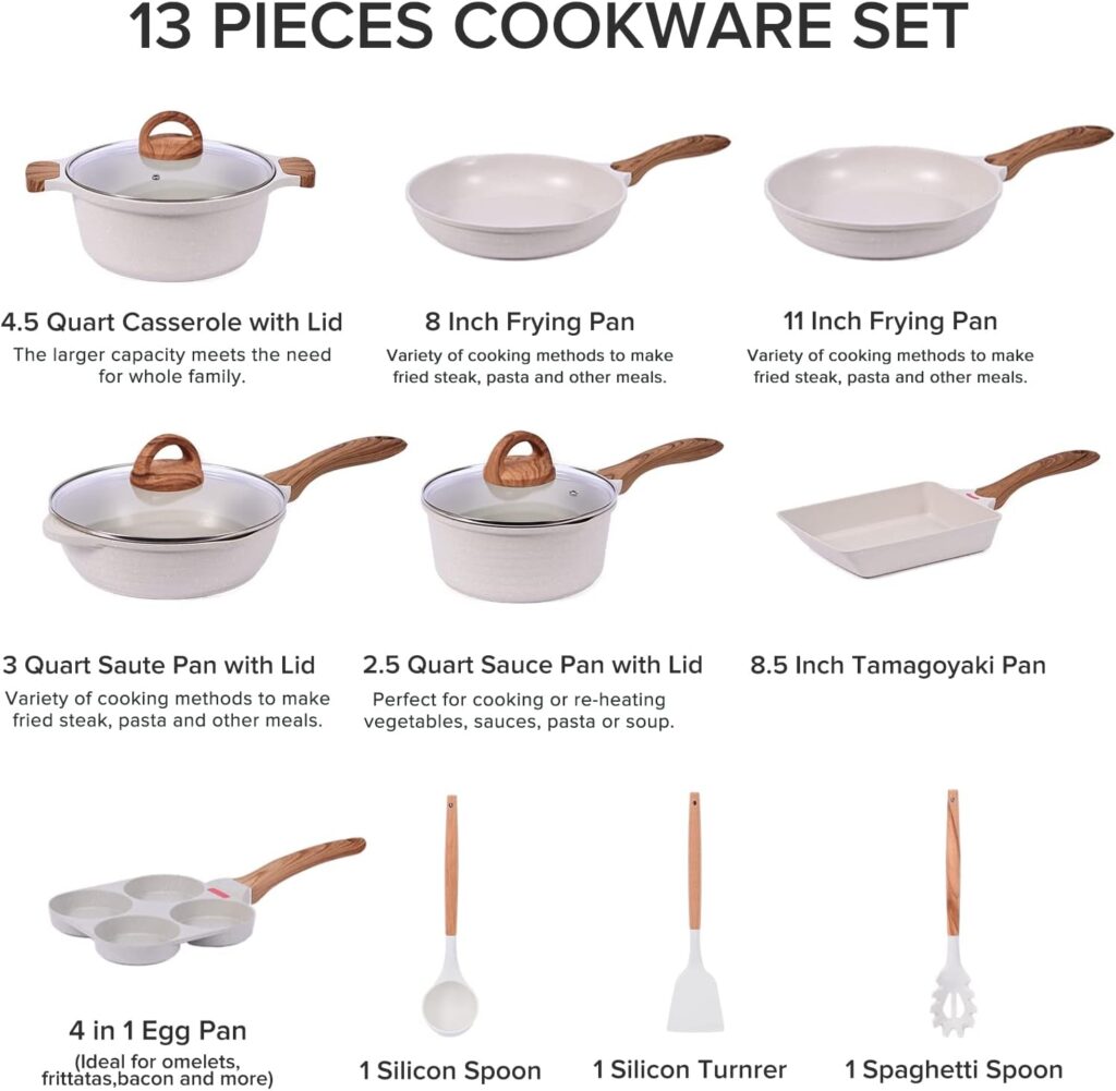 JEETEE Pots and Pans Set Nonstick White Granite Induction Cookware Sets 13 Pieces w/Frying Pan, Saucepan, Sauté Pan, Tamagoyaki Pan, Egg Pan, Cooking Pots, PFOA Free (13pcs, White Granite)