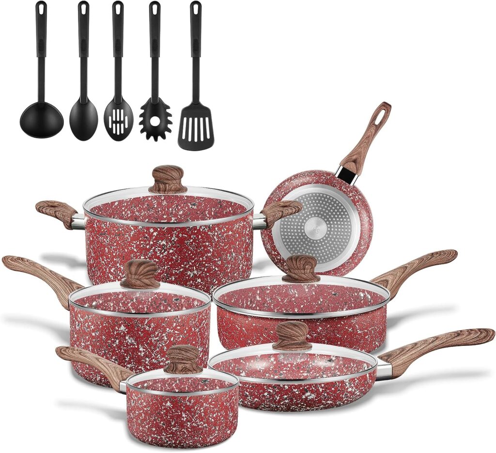 KOCH SYSTEME CS CSK Nonstick Cookware Set-Nonstick frying pans,Red Granite Cookware with Derived Coating,induction potpan set, Bakelite Handle and Multi-Ply Body, Lovely Housewarming Gift,16 Pieces