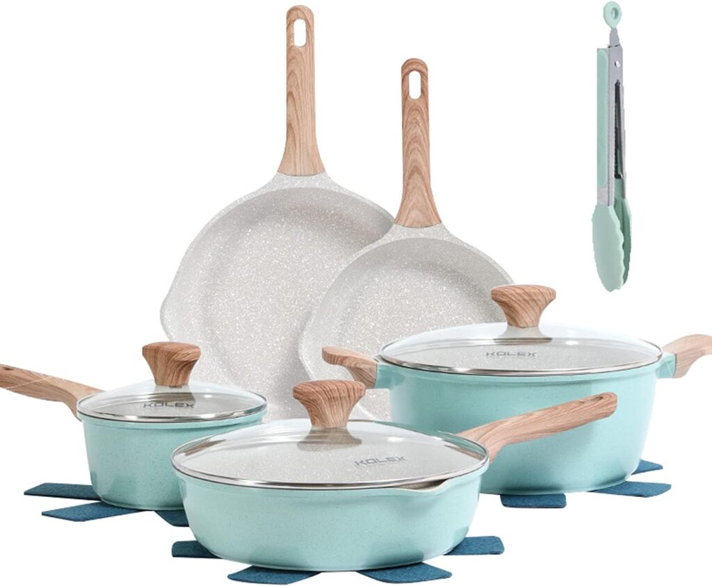 KOLEX Nonstick Cookware Sets,12-Piece Kitchenware Pots and Pans Set Granite Coating,Includes Frying Pans,Deep Frying pans,Stockpots And Cooking Tools,Suitable For All Stove,100% PFOA Free,Turquoise.