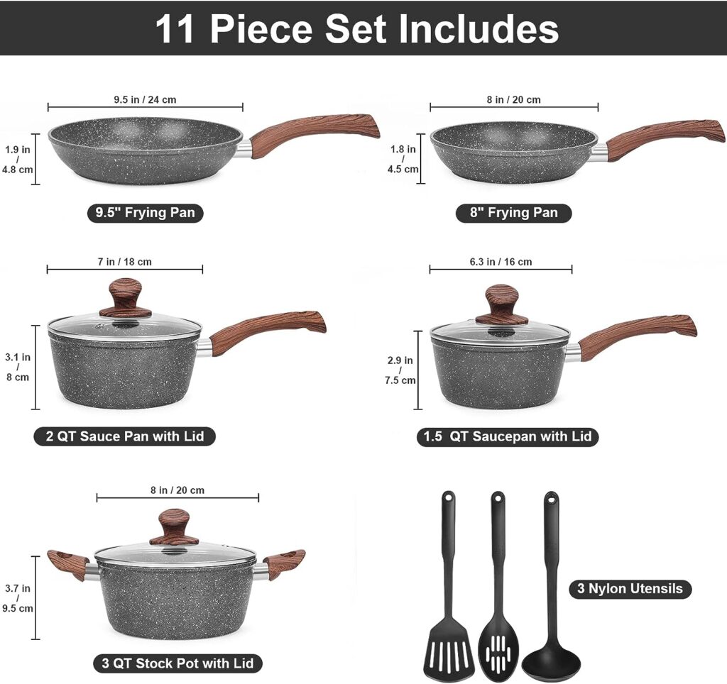 M MELENTA Granite Pots and Pans Set Ultra Nonstick, 11 Piece Die-Cast Cookware Sets with Frying Pan, Sauce Pan, Stockpot, Stay Cool Handle  Kitchen Utensils, Gas/Induction Compatible, 100% PFOA Free