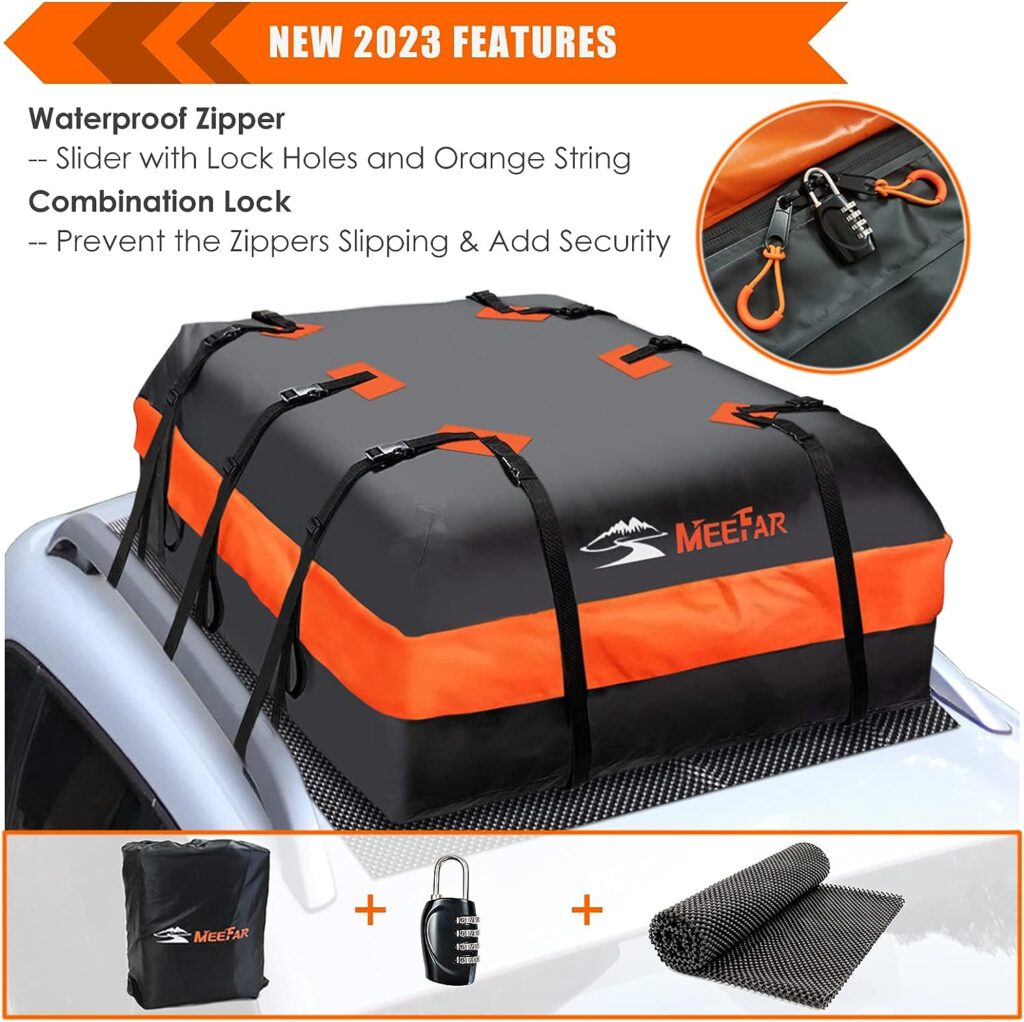 MeeFar Car Roof Bag XBEEK Rooftop top Cargo Carrier Bag 20 Cubic feet Waterproof for All Cars with/Without Rack, Includes Anti-Slip Mat, 10 Reinforced Straps, 6 Door Hooks, Luggage Lock