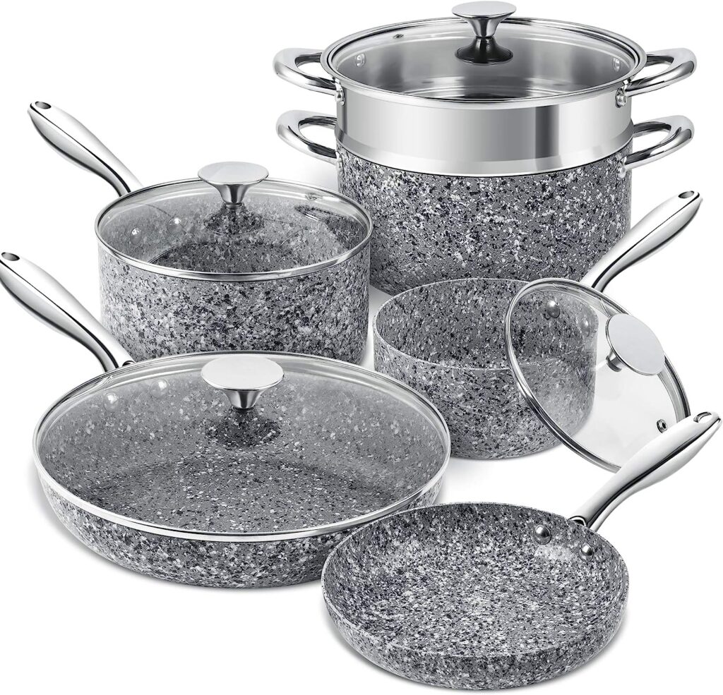MICHELANGELO Stone Cookware Set 10 Piece, Ultra Nonstick Pots and Pans Set with Stone-Derived Coating for Kitchen, Granite - 10 Piece