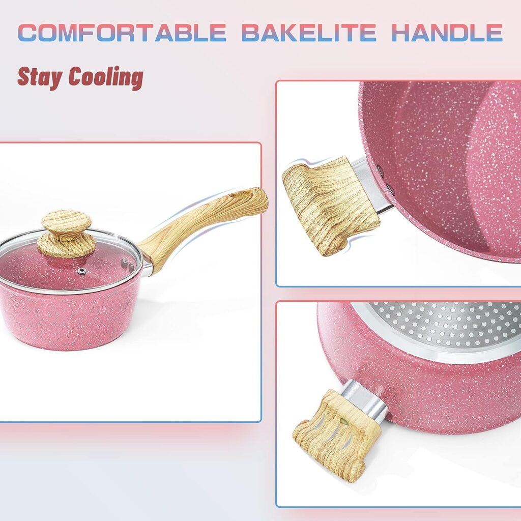 Nonstick Cookware Sets, 8 Piece Pots and Pans Set, Granite Stone Cookware Non Stick Frying Pan Set with Stay Cool Handles, Pink kitchen Cookware Sets 100% PFOA-Free, Toxin-Free, Induction Compatible