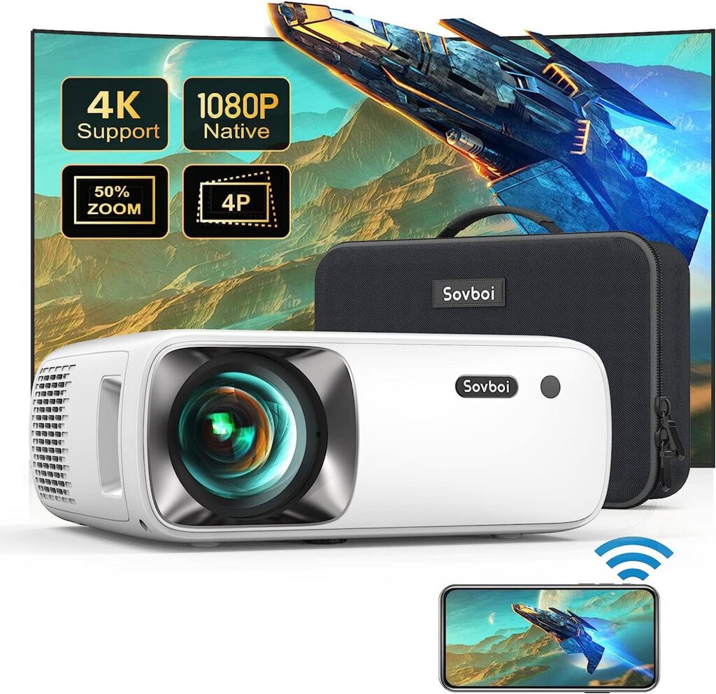 Outdoor Projector 4K Supported 5G WiFi Bluetooth: 19000L 500 ANSI Native 1080P Projector, 4D/4P Keystone 450  50% Zoom Sovboi Mini Movie Projector, SOI-Smart System Portable Projector for Phone/PC